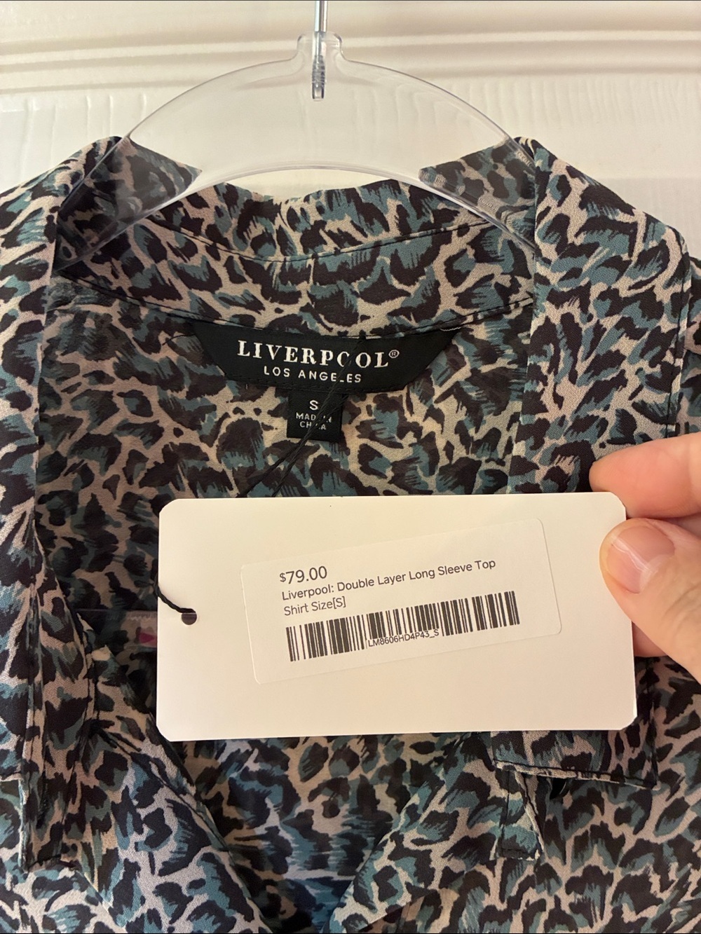 NWT Liverpool Teal and Cream Leopard-Print Double Layer Button Shirt SZ S - Picture 2 of 8